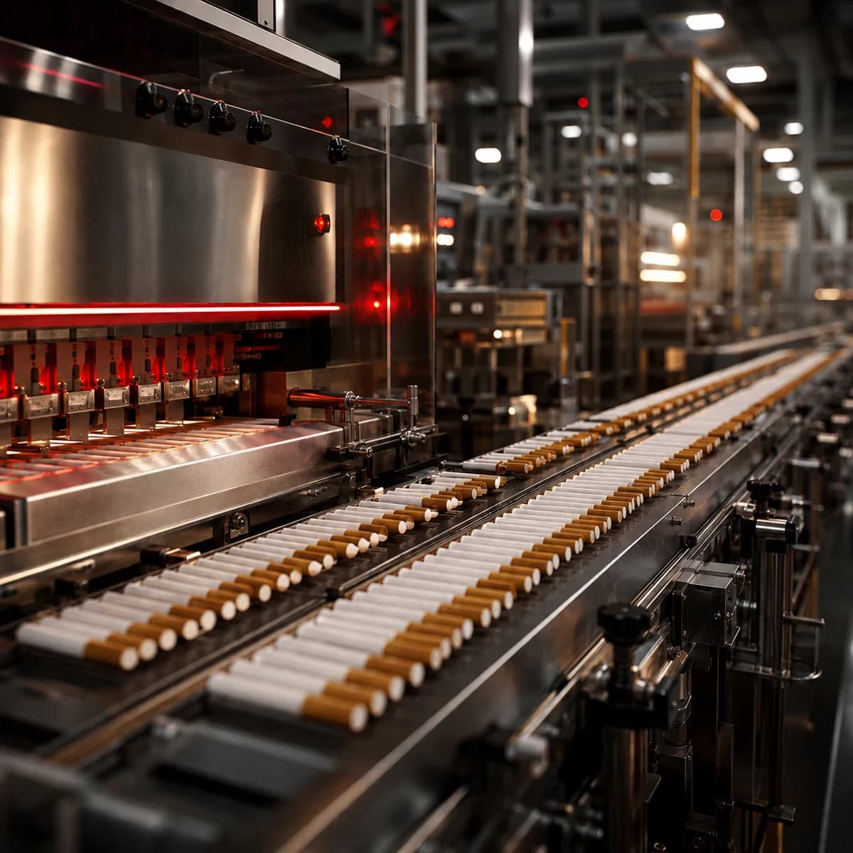 High-speed cigarette making line producing rows of fresh cigarettes in a modern Dubai factory