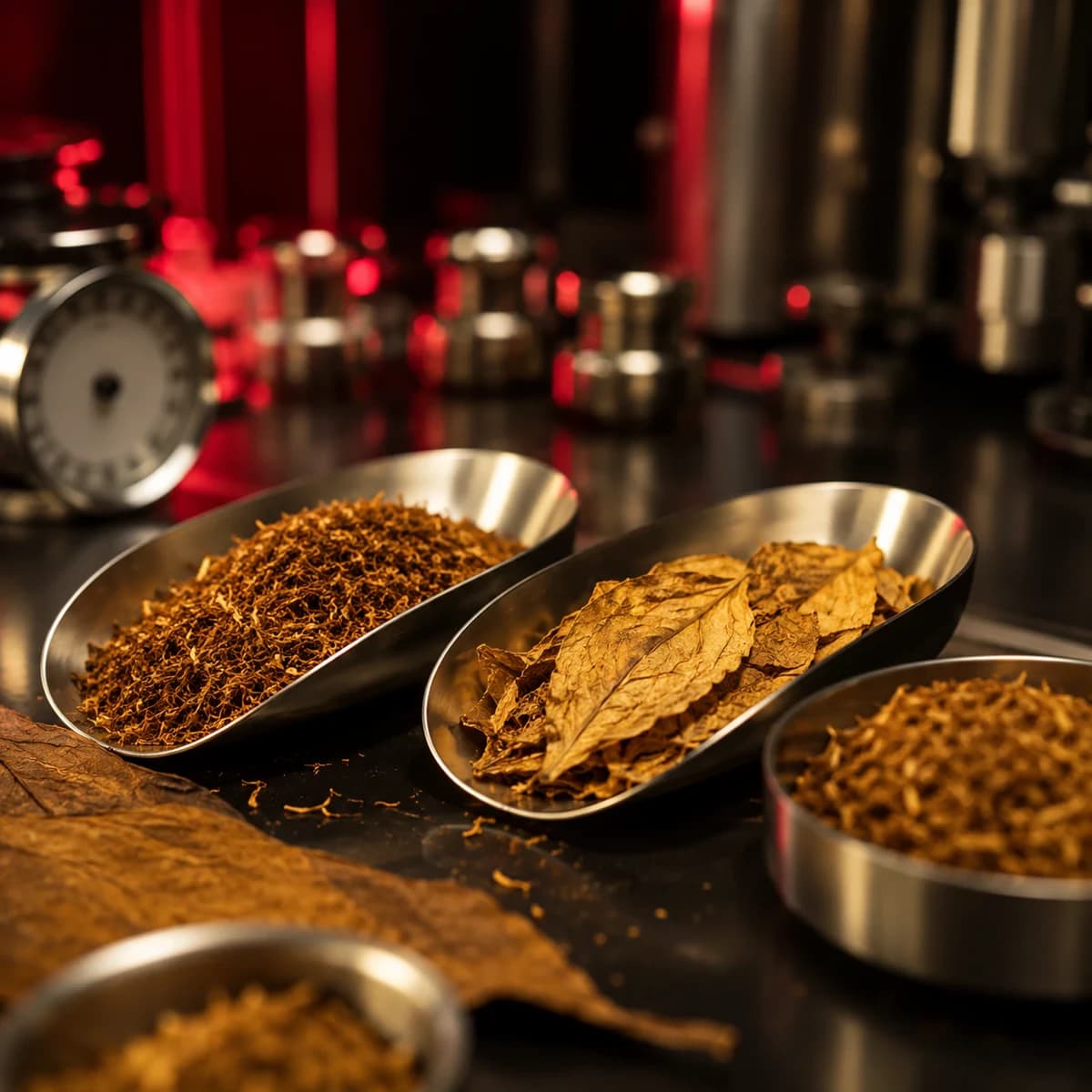 Cured tobacco leaves and cut blends in stainless-steel scoops in a controlled blending lab