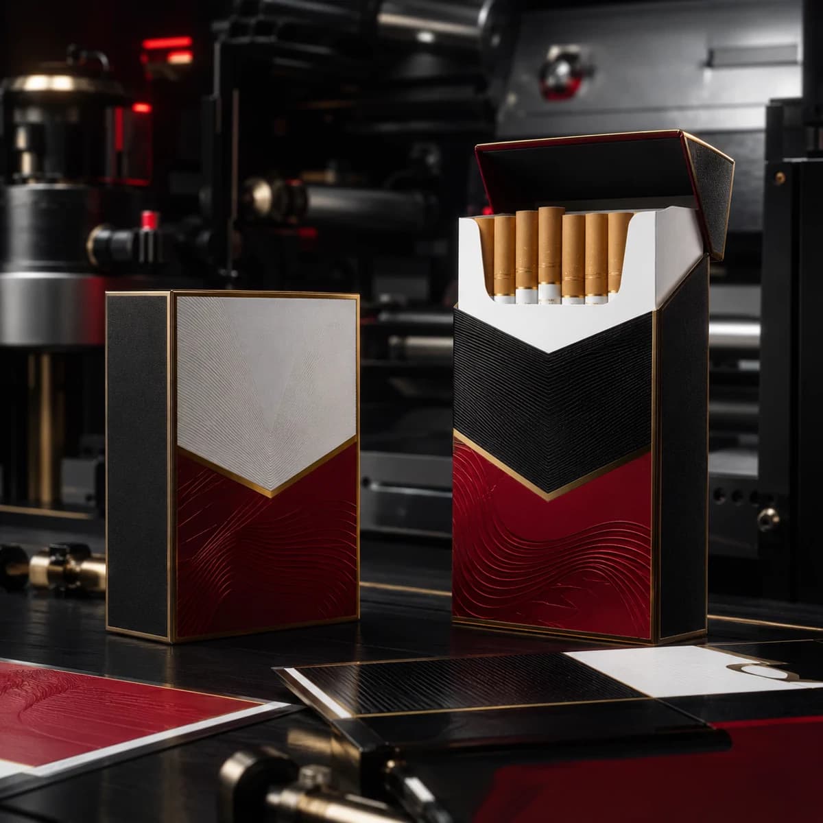 Custom black, white and red cigarette packs with gold foil detailing on a printing and finishing line