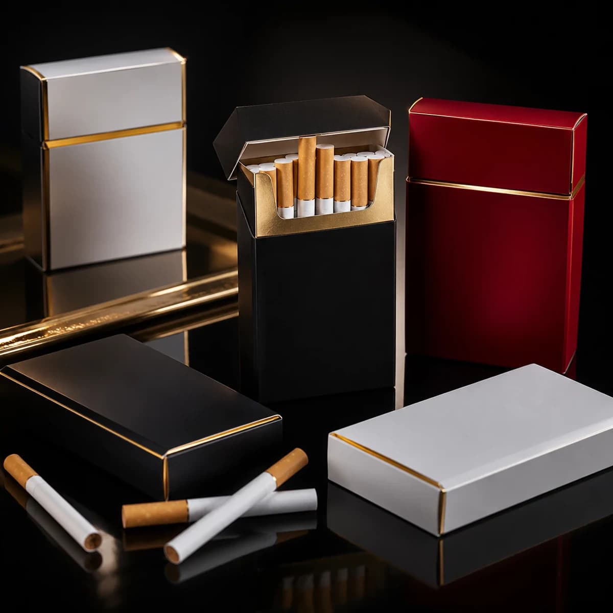 Custom black, white and red cigarette packs with gold foil edges for private label and white label brands